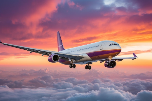 Avión volando sobre las nubes durante la puesta del sol