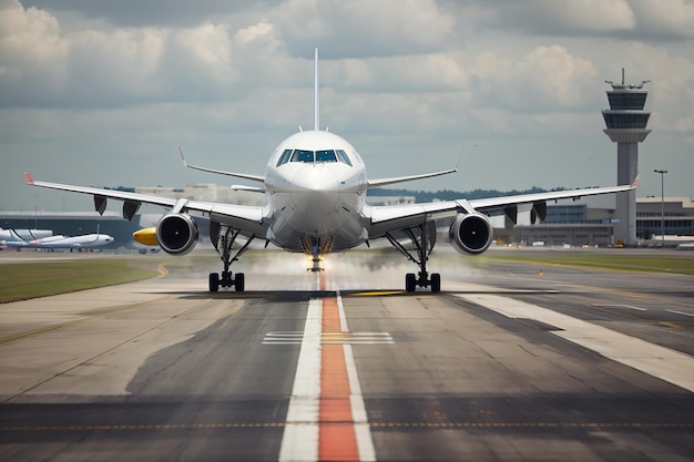 Avión volando sobre la pista de un aeropuerto