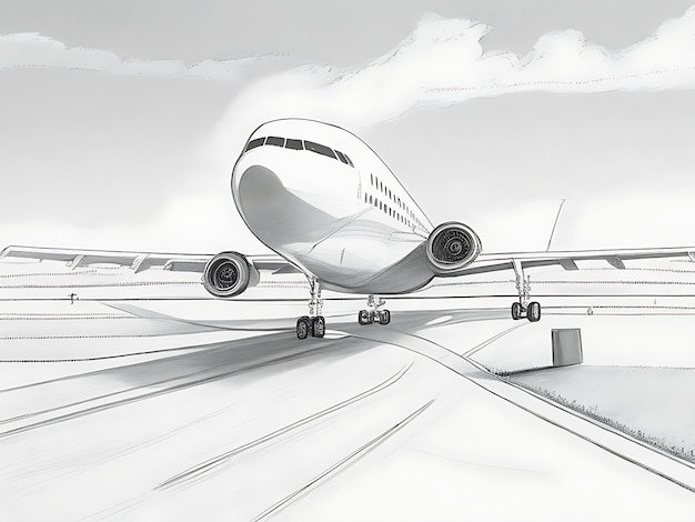 Un avión volando sobre una pista de aterrizaje y la mano dibujando una ilustración de arte de boceto