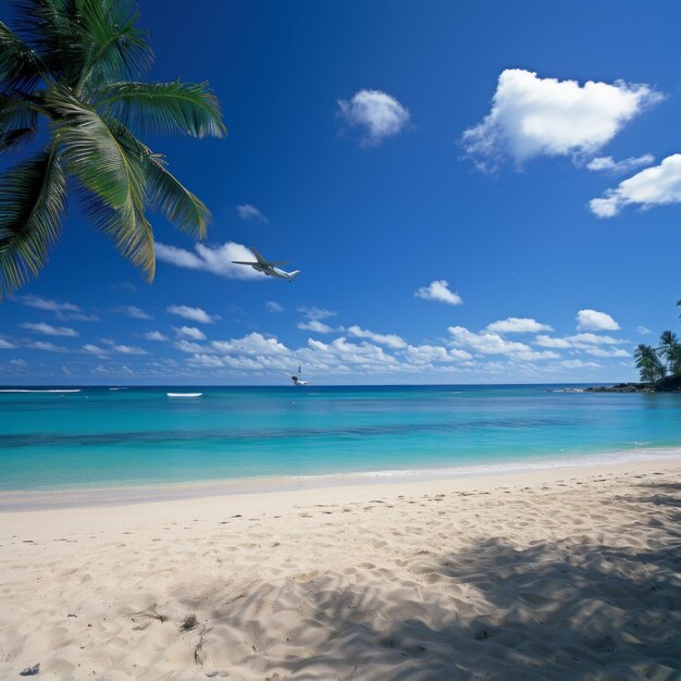 Un avión volando sobre una playa tropical