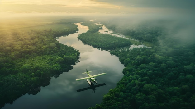 un avión volando sobre un río y un bosque en el fondo