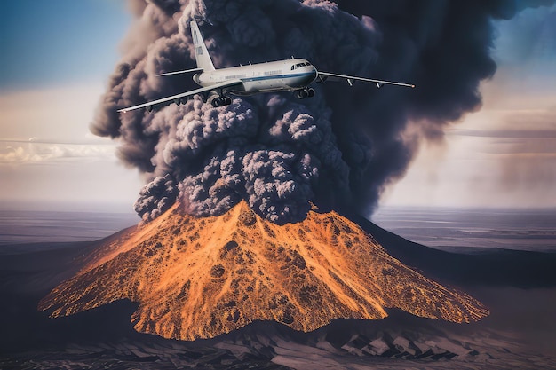 Avión volando sobre volcán en erupción