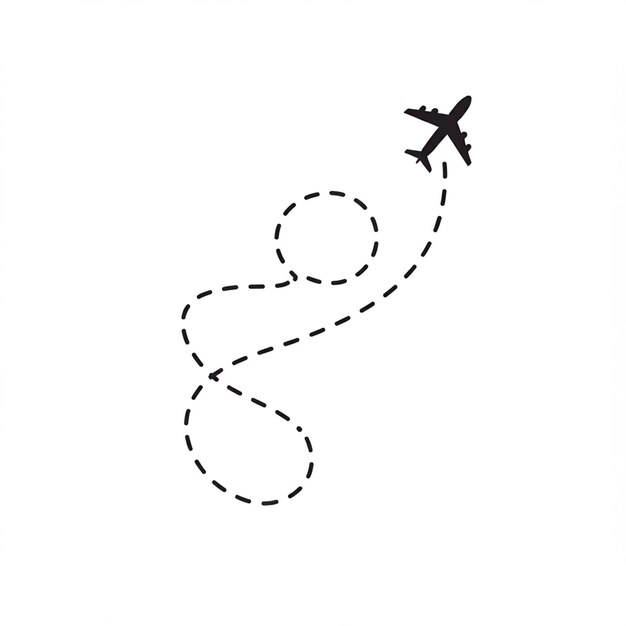 un avión volando a través del cielo en la parte superior de una línea punteada