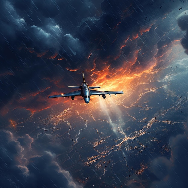 Un avión volando a través de una nube aterradora en la hora más oscura