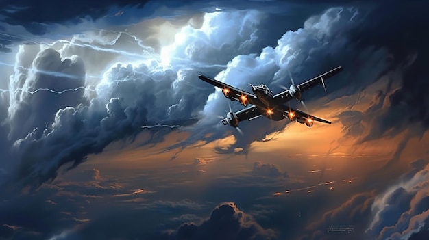 Un avión volando a través de una nube aterradora en la hora más oscura