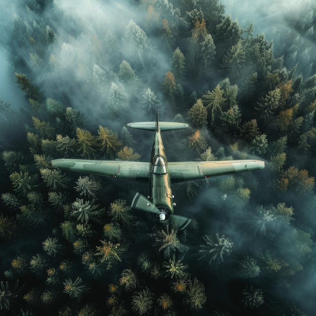 Foto un avión está volando a través de las nubes y los árboles están cubiertos de nieve