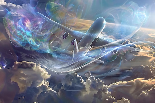 Avión volando a través de remolinos abstractos de luz en las nubes