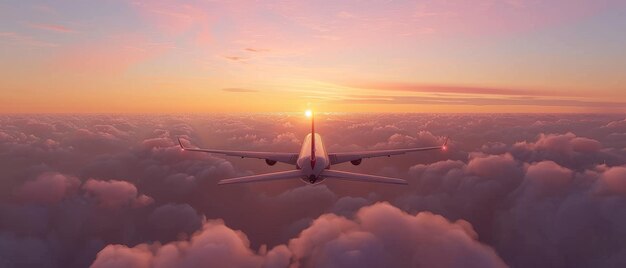 Un avión vuela en el cielo y el sol se pone renderización 3D