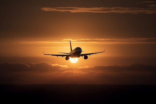 Un avión vuela en el cielo con el sol poniéndose detrás.