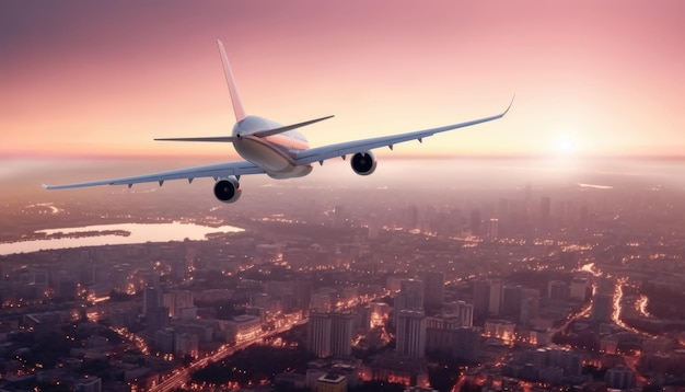 El avión vuela contra el telón de fondo de la ciudad al amanecer.