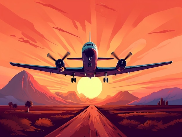 Avión vuela durante la ilustración de vector de puesta de sol