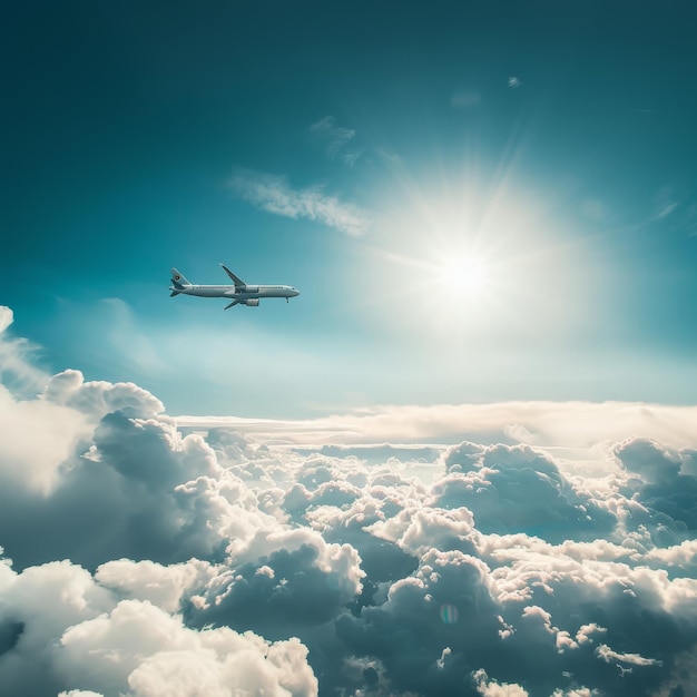 El avión vuela entre las nubes el cielo azul día soleado