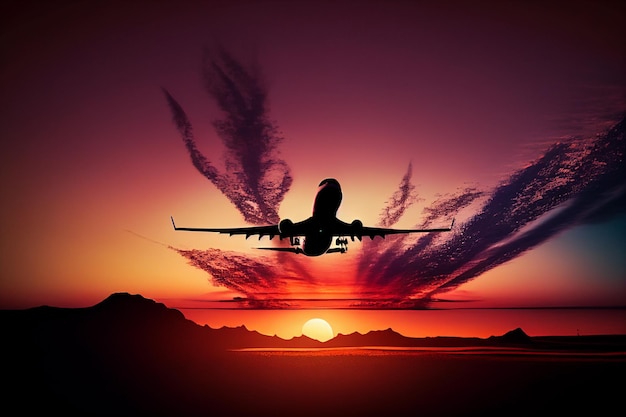 Avión vuela durante la puesta de sol Generado por IA