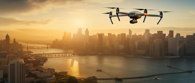 Foto un avión vuela sobre una ciudad con el sol poniéndose detrás de él