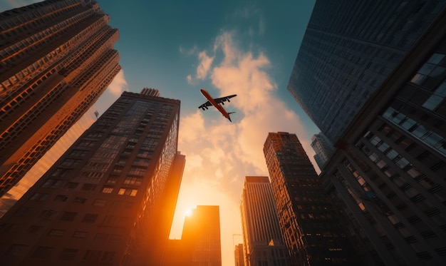 El avión vuela bajo sobre los edificios altos Mirando el avión parado entre los rascacielos Vista de ángulo bajo IA generativa