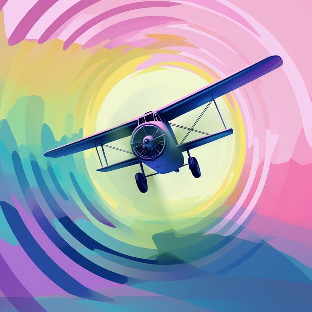 Un avión vuela a través de un círculo de colores del arco iris.