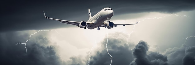 Foto avión en vuelo atravesando una tormenta ia generativa