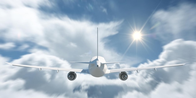 Avión de vuelo rápido sobre las nubes con sol