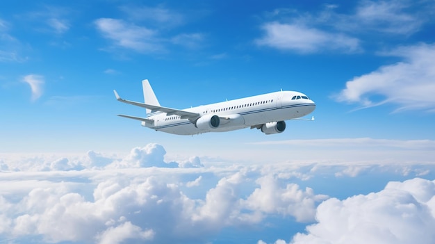 Avión en vuelo con un telón de fondo de esponjosas nubes blancas AI Generative