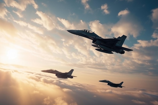 Aviones de combate que vuelan en el cielo al atardecer 3D render Aviones de combate militares que vuelan en el cielo en un campo de batalla Generado por IA