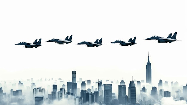 Aviones de combate volando sobre la ciudad