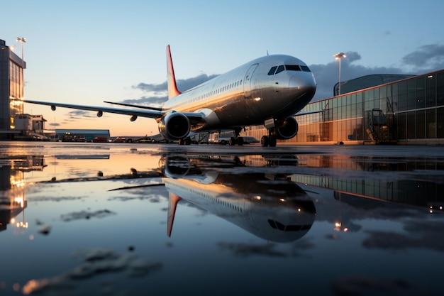 Aviones estacionados junto a la pasarela reflejados en el reflejo brillante de un charco