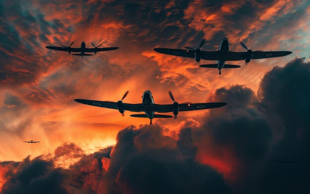 Aviones de guerra antiguos volando en formación en silueta contra un cielo dramático con nubes y luz solar