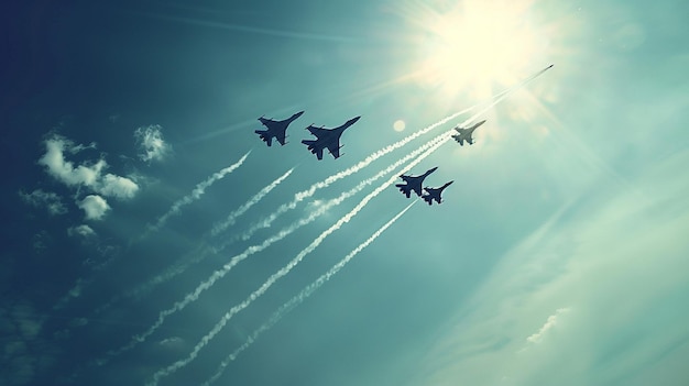 Foto los aviones militares vuelan en formación en la escena de vuelo del escuadrón aéreo del cielo azul