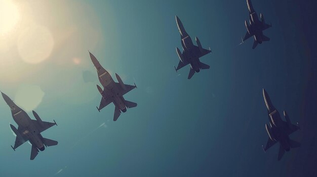 Foto los aviones militares vuelan en formación en la escena de vuelo del escuadrón aéreo del cielo azul