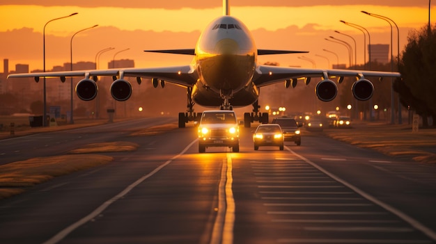 Aviones de pasajeros y de carga despegando al atardecer de la pista del aeropuerto en una dramática escena de salida