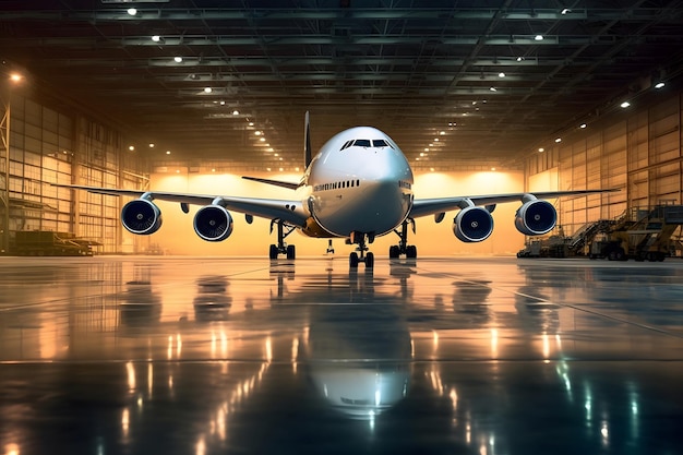 Aviones de pasajeros grandes en mantenimiento en el hangar del aeropuerto