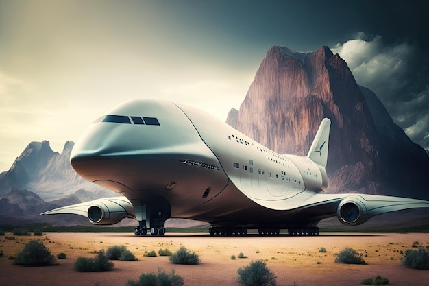 Aviones de pasajeros modernos en forma de avión de carga futurista del futuro en el fondo de las montañas cre