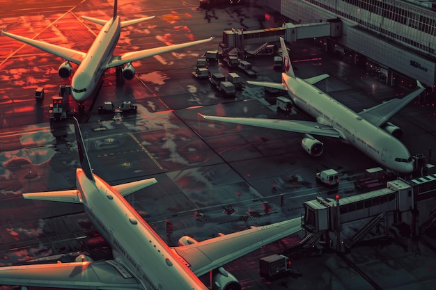 Foto aviones y pasarelas en el aeropuerto