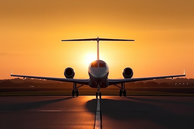 Aviones privados en la pista al amanecer silueta AI