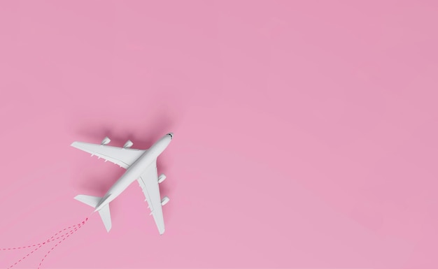 Aviones sobre un fondo rosa con diferentes destinos de vacaciones o viajes de negocios