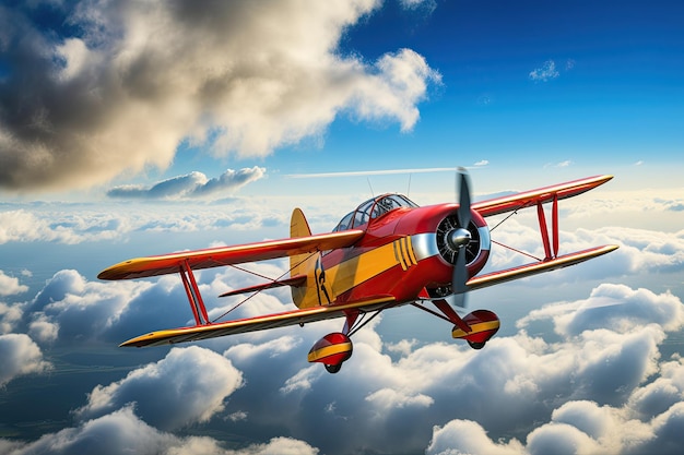 aviones volando a través del cielo Mostrarlo en una postura majestuosa alas extendidas contra el telón de fondo del cielo azul y las nubes generadas con IA