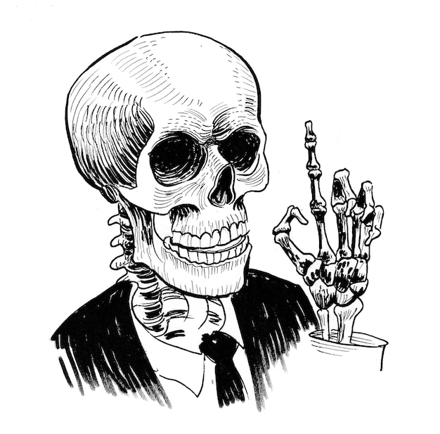 Aviso de esqueleto humano com um dedo. Tinta preto e branco, desenho