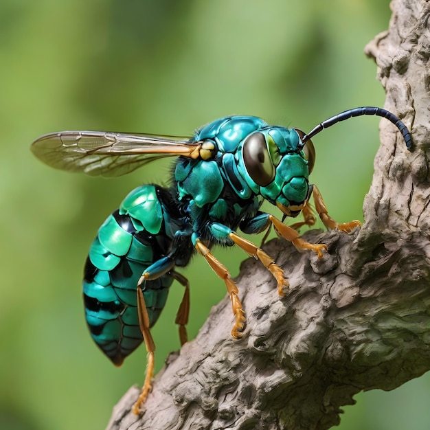 Una avispa azul-verde se alza en un árbol