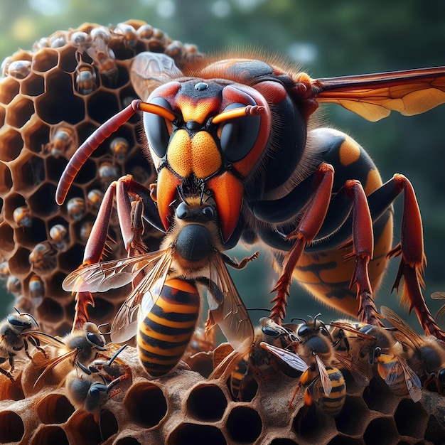 Foto avispas gigantes cazando abejas melíferas frente a su nido