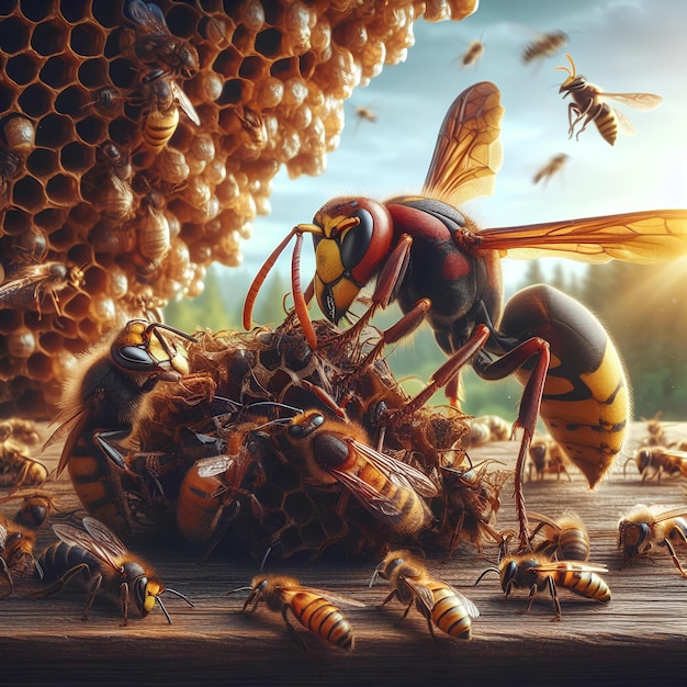 Foto avispas gigantes cazando abejas melíferas frente a su nido