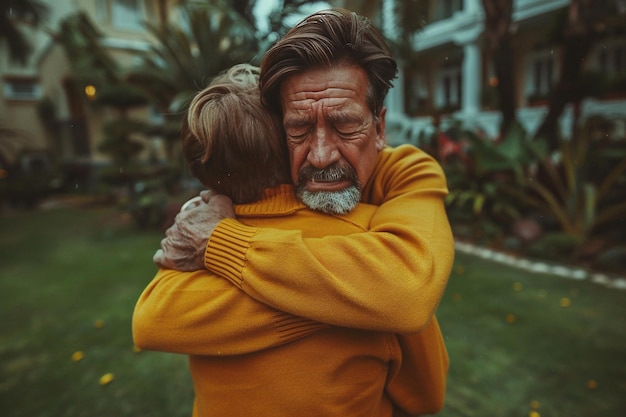 avô abraçando seu neto no quintal de sua casa