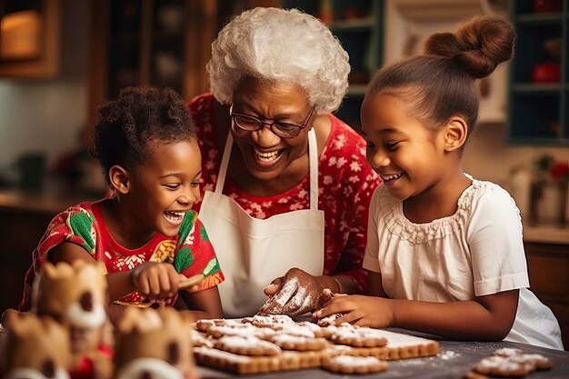 Foto avó afro-americana fazendo biscoitos de natal com suas duas netas