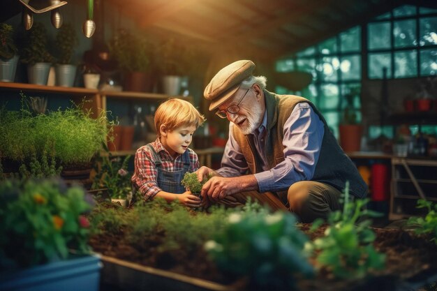 Avô com neto no jardim de casa criado com tecnologia Generative AI