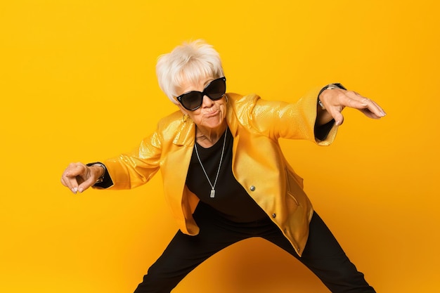 Avó com óculos de sol fazendo poses em um estúdio com fundo amarelo