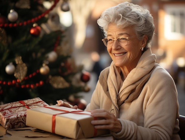 Avó com presente de Natal nas mãos