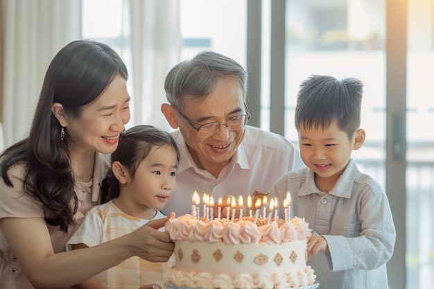 Avô comemora aniversário com netas com IA gerada