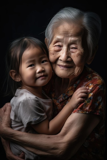 Avó criança e retrato abraço com amor e ligação em sorriso juntos criado com AI generativa