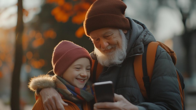Avô e filho de família sorrindo feliz sessão de fotos fora de diversão