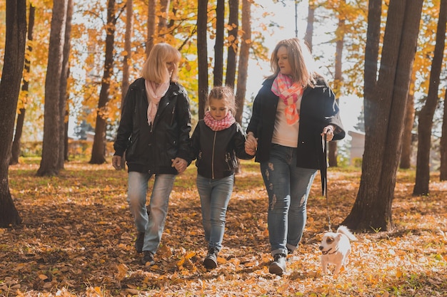 Avó e mãe com neta caminham juntas no parque outono e se divertem geração le