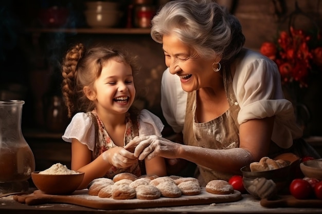 Avó e neta cozinhando juntas Inteligência Artificial Gerativa